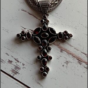 Vintage Garnet & Sterling Silver Cross on Four Strand Sterling Silver Necklace